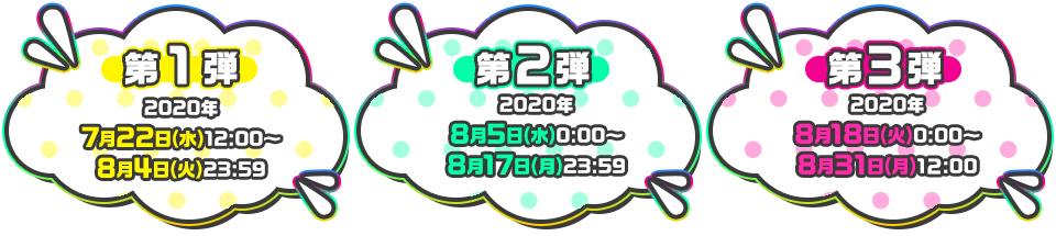 第1弾：2020年7月22日(水)12:00～8月4日(火)23:59、第2弾：2020年8月5日(水)0:00～8月17日(月)23:59、第3弾：2020年8月18日(火)0:00～8月31日(月)11:59