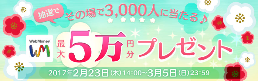 抽選でその場で3,000人に当たる♪WebMoney最大5万円分プレゼントキャンペーン