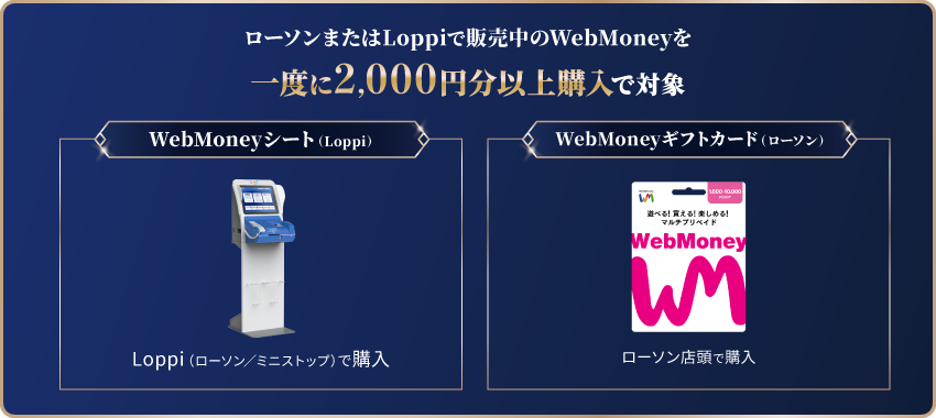 ローソンまたはミニストップLoppiで販売中のWebMoneyを一度に2,000円分以上購入で対象、WebMoneyシート（Loppi）Loppi（ローソン／ミニストップ）で購入、WebMoneyギフトカード（ローソン）ローソン店頭で購入